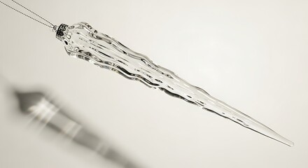Elegant clear glass icicle ornament hangs, casting sharp shadow, perfect for winter holiday decor