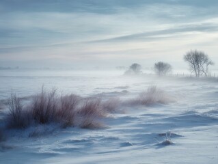 Misty Winter Landscape With Snow-Covered Field, Bare Trees, Frozen Grasses, Faint Horizon, Chilly Outdoor Scene, Tranquil Nature, Foggy Weather Conditions, Rural Scenery