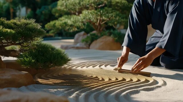 A meditative scene unfolds as gardener&rsquo;s hands rake patterns in a zen sand garden, symbolizing mindfulness, calmness, and the therapeutic nature of horticultural art. cinematic color correction,