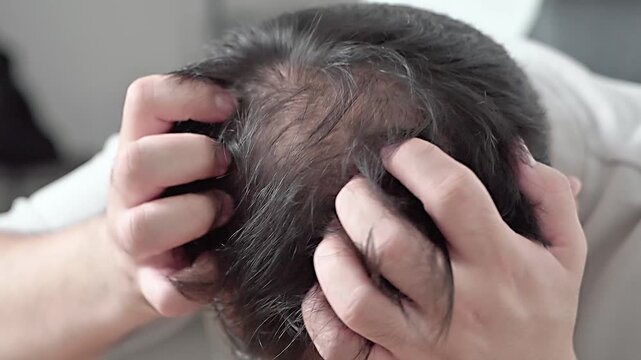 Androgenic alopecia, hair loss, male pattern baldness, man showing his visible bald area. High quality 4k footage