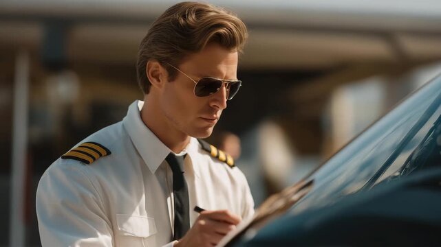 A pilot examining the fuel gauge and visually confirming fuel levels while checking for leaks, emphasizing careful preparation, procedural diligence, and safety-first aviation mindset. cinematic