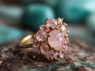 Exquisite Gold Ring Adorned with Marquise and Oval Pink Quartz Gemstones with Sparkling Diamonds on a Textured Stone Surface