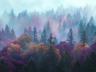 Misty Autumn Forest Vibrant Hues Foggy Landscape Nature Scenery Colorful Trees Morning Atmosphere Woodland Mystery Ethereal Beauty Wild Environment Seasonal Transition Tranquil Woods Evergreen Canopy