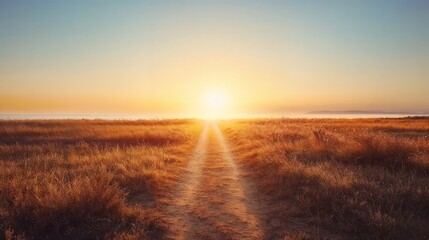 Pathway leading to a vibrant sunrise over a grassy field, symbolic of life after death, religious service brochures, symbolic advertising, awareness campaigns, service website branding