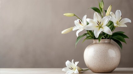 White lilies in vase on neutral background for funeral announcements, religious service brochures, symbolic advertising, awareness campaigns,  obituary visuals, service website branding