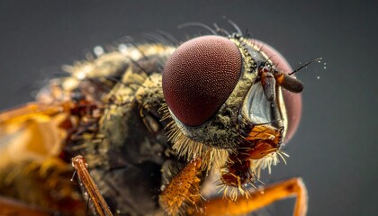 Extreme macro close-up of a fly's head. Red compound eyes, fuzzy body, and detailed textures are in focus. Antennas and mouthparts are visible
