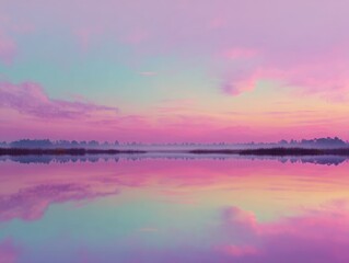 Pastel Sunset Over Calm Lake with Tree Line Reflection Dreamy Pink Blue Sky Serene Waterscape Peaceful Horizon Vibrant Nature Landscape Soft Hues Outdoors Scenic View