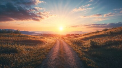 Obraz premium Scenic landscape with a dirt road leading to a sunrise, symbolizing life after death, symbolic advertising, awareness campaigns, funeral announcements, obituary visuals, service website branding