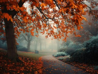 Vibrant Autumn Park Path Orange Leaves Misty Woodland Atmosphere Empty Bench Serene Landscape Fall Colors Foggy Morning