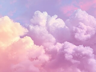 Dreamy pastel colored clouds in various shades of pink lavender and pale yellow softly illuminated by unseen light creating serene abstract sky background