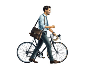 Business Casual Man Walking Beside Bicycle, Modern Healthy Lifestyle Concept, Isolated on Transparent Background 