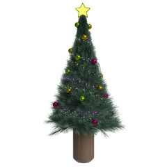 Obraz premium A fully decorated evergreen tree adorned with colorful baubles, twinkling lights, and a bright star atop