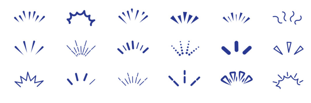 Line icon ray, confetti element set. Starburst line art with hand drawn glitter spark, pop icon shapes and surprise emphasis elements. Decorative sketch style for a sunshine ray vector illustration 