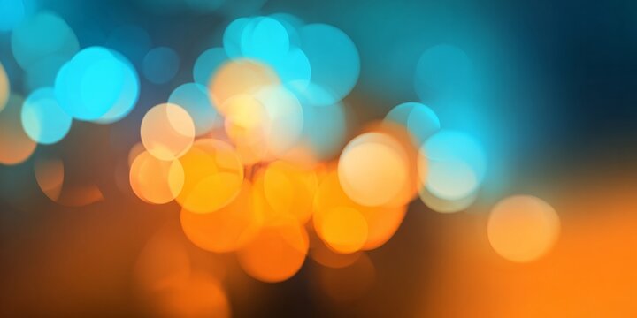 Vibrant circular light orbs create an abstract background with contrasting blue and orange tones