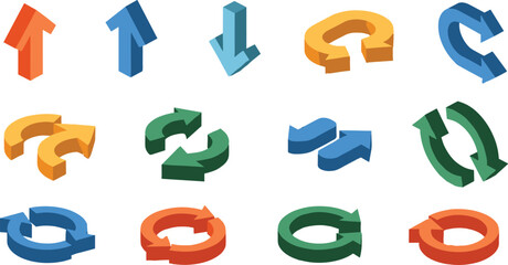 Obraz premium Set of Colorful 3D Isometric Arrow and Rotation Icons Vector Illustration