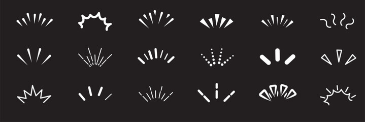 Line icon ray, confetti element set. Starburst line art with hand drawn glitter spark, pop icon shapes and surprise emphasis elements. Decorative sketch style for a sunshine ray vector illustration 