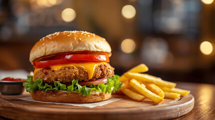 Delicious juicy burger on rustic wooden board with french fries