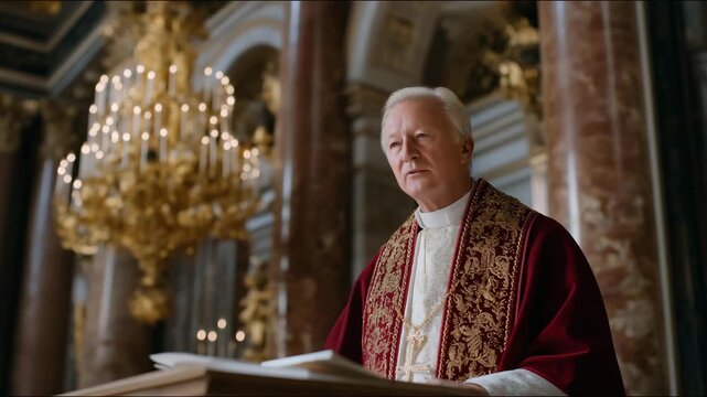 Elder cardinal in ornate red vestments delivering a solemn sermon beneath golden chandeliers in a Renaissance cathedral, symbolizing spiritual guidance, religious hierarchy, papal tradition, and