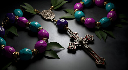 Close up of a vibrant catholic rosary with colorful beads and a detailed crucifix symbolizing faith and prayer