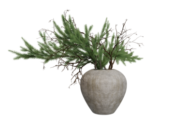 A muted gray, rounded vase holds a cluster of lush green pine branches intertwined with bare, brown twigs