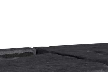 A stark, cracked, gray surface stretches to a black expanse, with a faint, jagged horizon