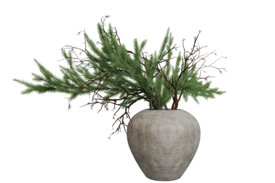 A muted gray, rounded vase holds a cluster of lush green pine branches intertwined with bare, brown twigs - Powered by Adobe