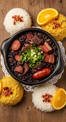 Overhead shot of feijoada in black bowl with rice farofa and orange slices on wooden table