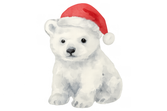 Polar bear cub wearing santa hat for christmas holiday, watercolor illustration with transparent background