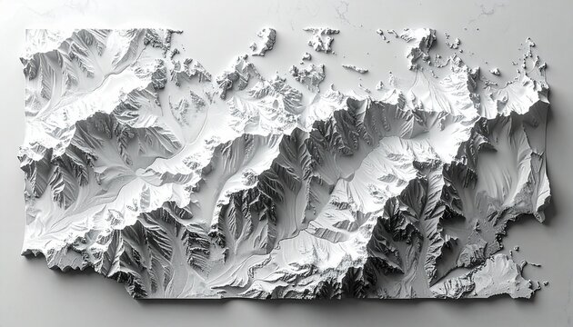 Detailed Topographic Relief Model showcasing Mountain Ranges and Glacial Features in High Contrast.