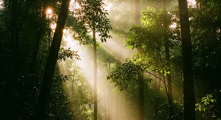 Obraz premium Sunlight filtering through lush green forest trees creating a mystical and serene atmosphere.
