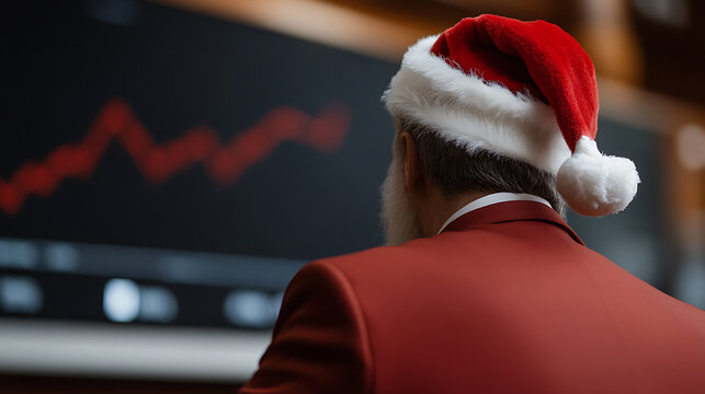 Santa trades. View from behind with Santa wearing a red jacket and red Santa hat, staring at a stock market chart showing a downward trend in red on a black screen.