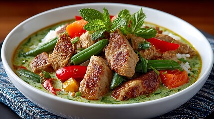 Delicious Green Curry with Chicken and Fresh Vegetables in Bowl