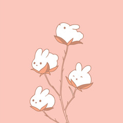 Bunny Cotton Flowers Illustration. Minimalist pastel artwork of cute white rabbits growing like cotton buds on branches, gentle and whimsical design for spring prints, cards, and wallpapers.