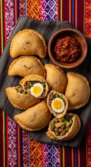 Overhead shot of empanadas with meat and egg filling served with a side of spicy sauce on a colorful cloth