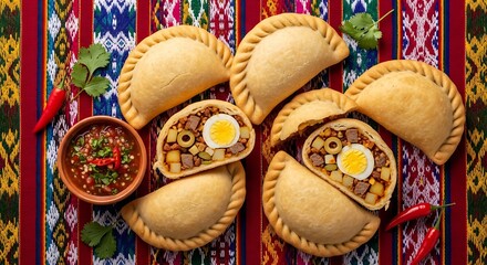 Overhead shot of empanadas with filling and sauce on a colorful woven textile background flat lay food