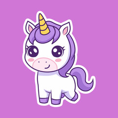 Cute White Unicorn with Lilac Mane on Purple Background