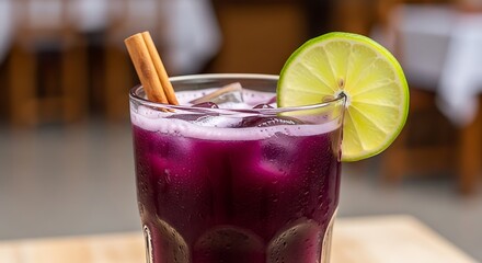 A close up of a glass of purple drink with ice lime and cinnamon stick on a wooden surface table