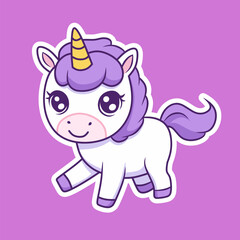 Cute White Unicorn with Lilac Mane Walking on Purple Background