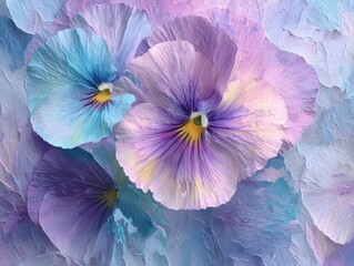 Textured Pansy Flowers Abstract Art Pastel Purple Blue Pink Blooms Oil Painting Style Canvas Artwork Floral Pattern Background