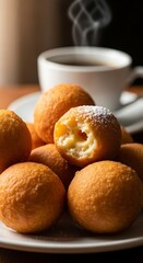 A stack of doughnut holes on a plate with a cup of coffee in the background on a wooden table