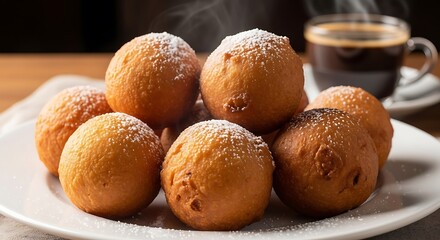 A plate of fried dough balls with powdered sugar and a cup of coffee in the background