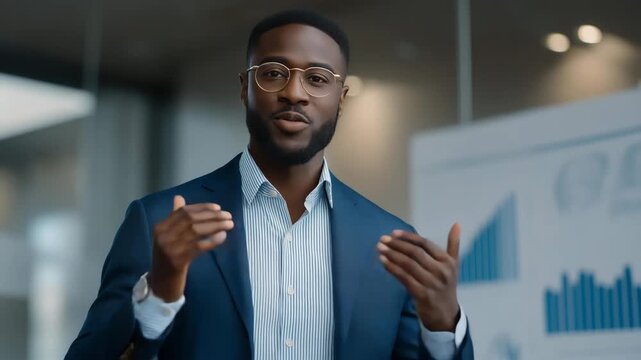 Marketing strategist presenting detailed campaign performance and consumer behavior analytics to executives, showing confidence and enthusiasm, symbolizing corporate branding, digital marketing