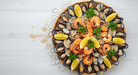 Overhead view of a seafood platter with shrimp mussels clams and lemon wedges on ice on white wood