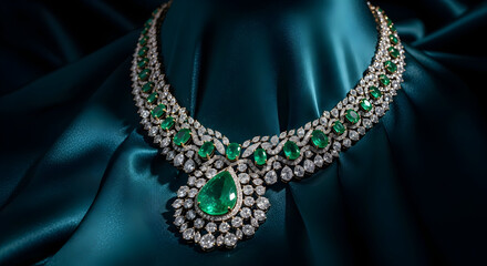 Exquisite emerald and diamond necklace displayed on luxurious teal satin fabric showcasing opulent fine jewelry and precious gemstones in a close up studio shot