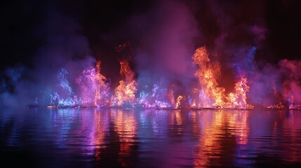 Bright neon flames and floating smoke over reflective water, intense glowing effect for festival visuals and music video backdrops 