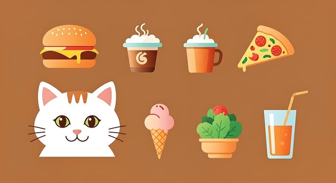 Cute Cat with Fast Food and Drinks Illustration.