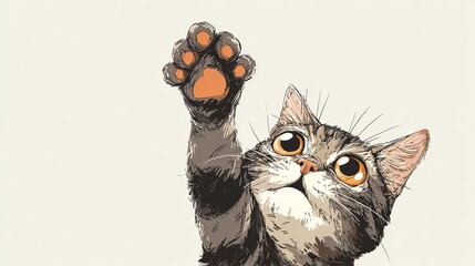 Cartoonish or realistic cat with paw up for high five, white background, cheerful and engaging image