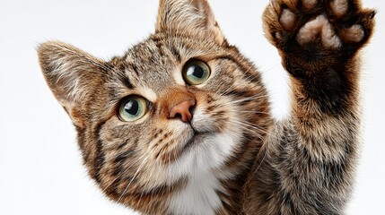Cartoonish or realistic cat with paw up for high five, white background, cheerful and engaging image