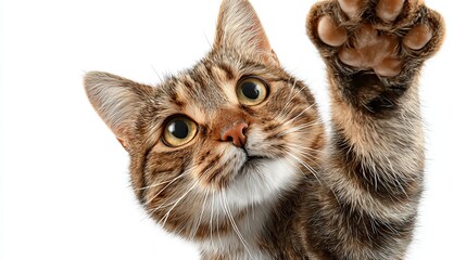 Cartoonish or realistic cat with paw up for high five, white background, cheerful and engaging image