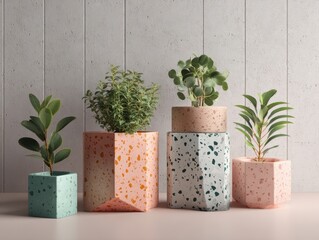 Modern Indoor Decor Terrazzo Plant Pots Assortment Concrete Wall Background Stylish Geometrics Vibrant Plant Life Display